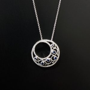 Diamond and Sapphire filigree circle pendant